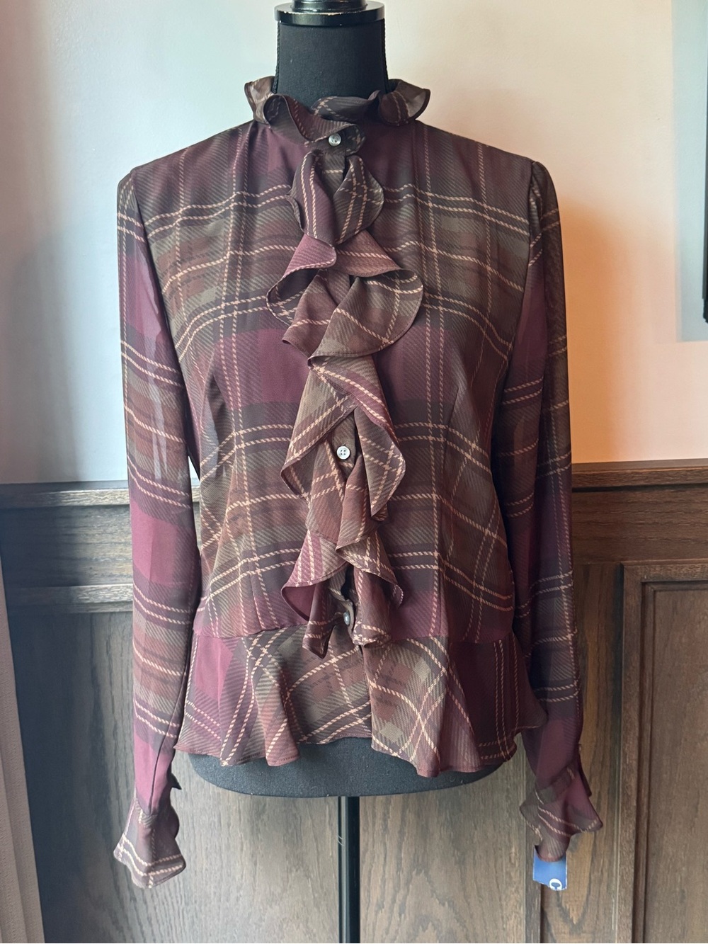 Chaps Burgundy Plaid Ruffle Front Sheer Blouse medium NWT